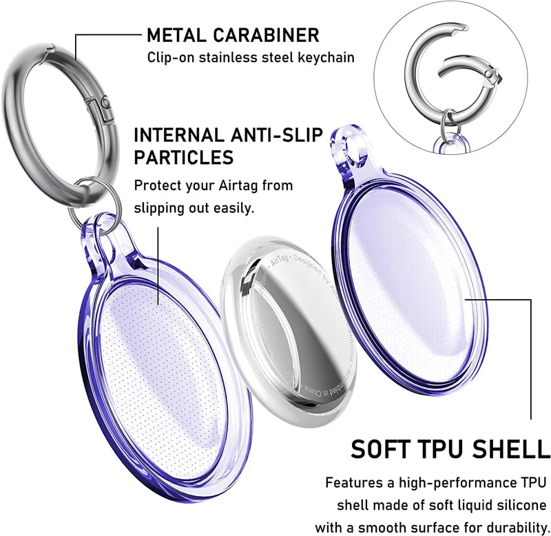Waterproof Airtag with metal carabiner, internal anti-slip particles and tpu shell